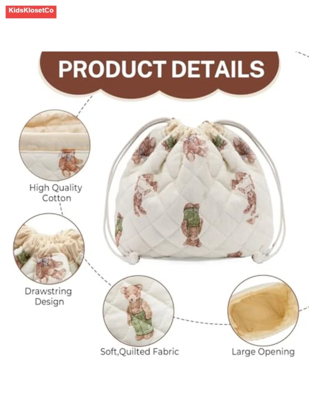 Quilted Cotton Drawstring Makeup Bag Travel Toiletry Organizer Cosmetic Pouch